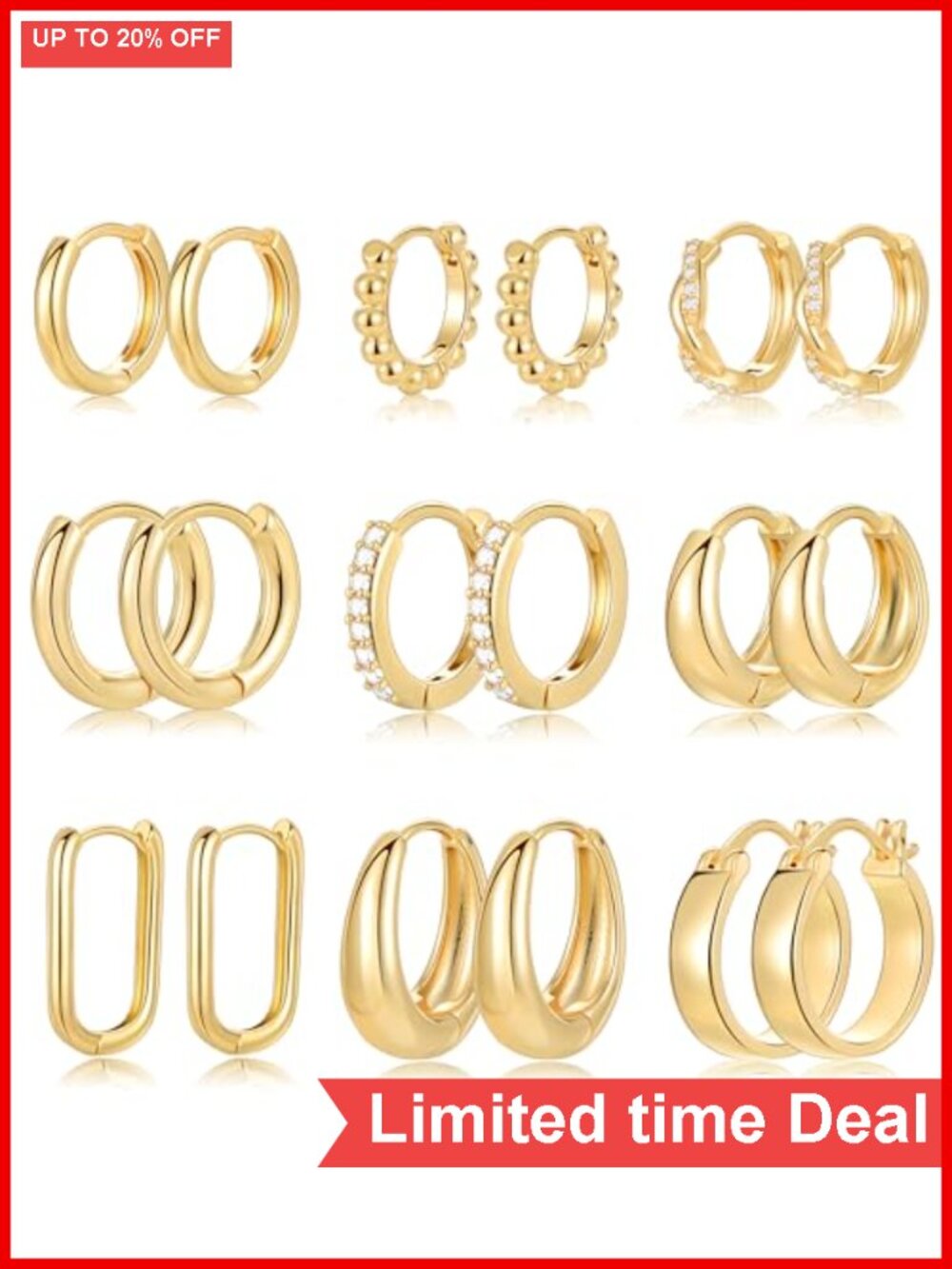 9 Pair Hoop Earring Set Chunky Gold Silver Hypoallergenic Women's Jewelry Gift